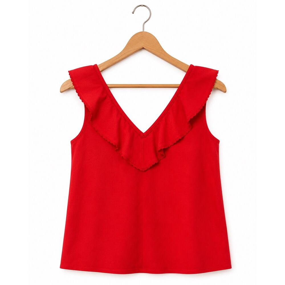 Sezane Red Ruffled V-Neck Tank Top - Picture 5 of 9